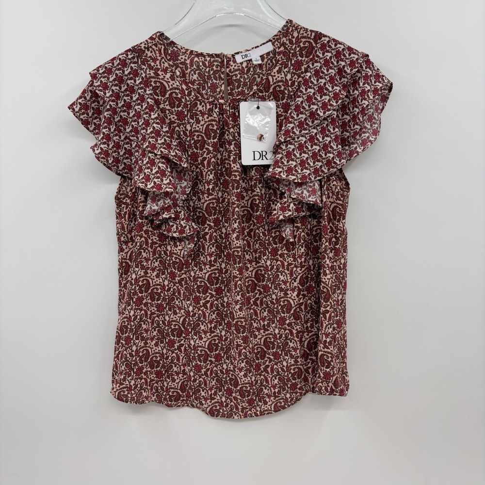 DR2 Ruffle Cap Sleeve Blouse Women S Pink Paisley Floral Cottage Core New